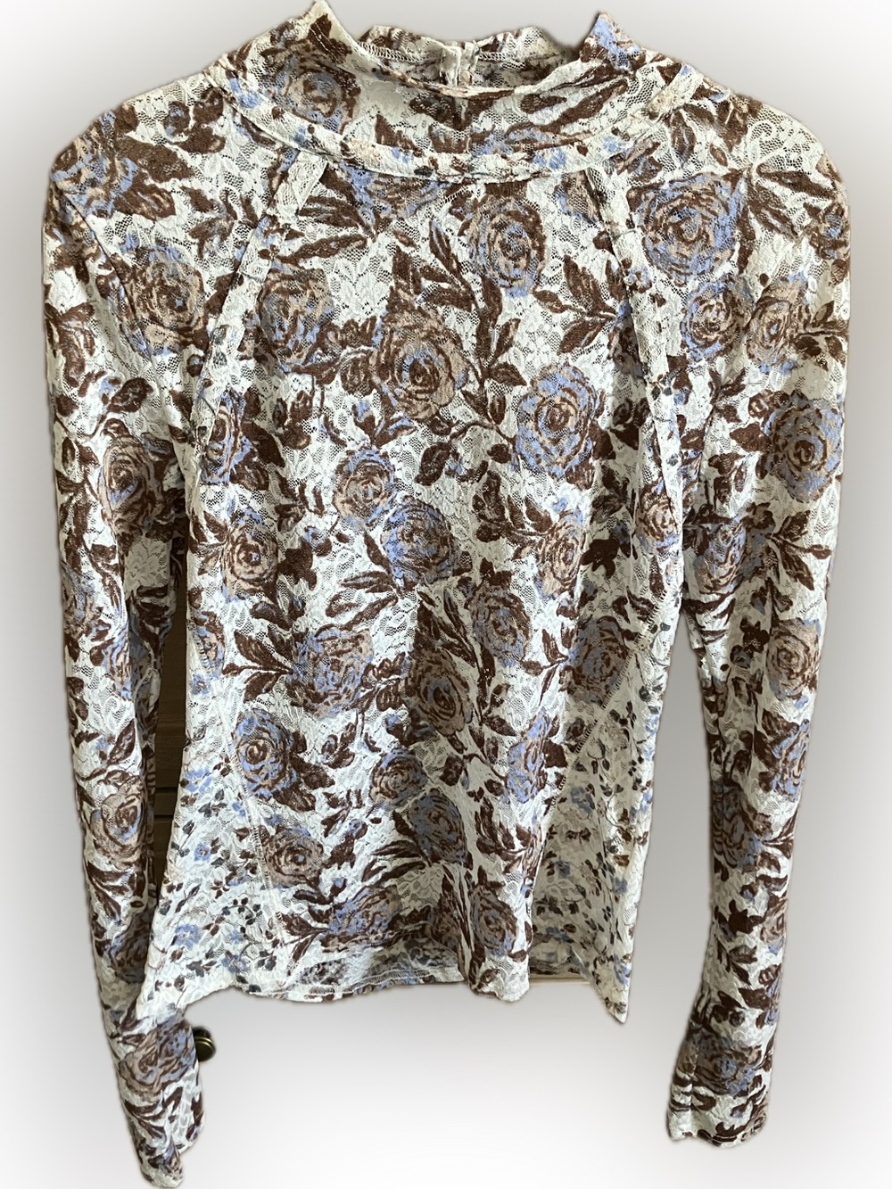 Free People Lace Knit Top in Cream, Brown & Blue